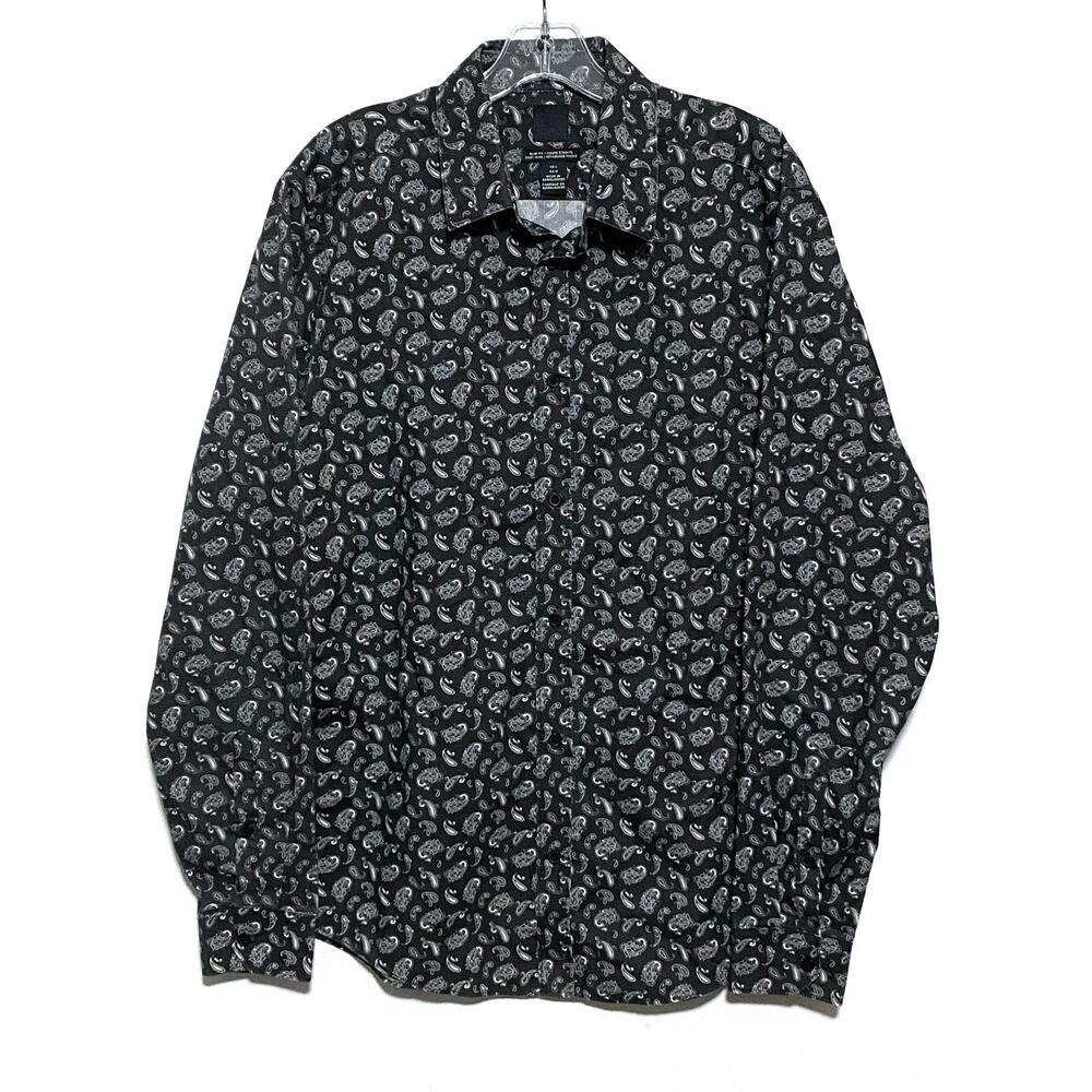 H&M Black Paisley AOP Slim Fit Button Down Shirt Men L Preppy Maximalist Classic
